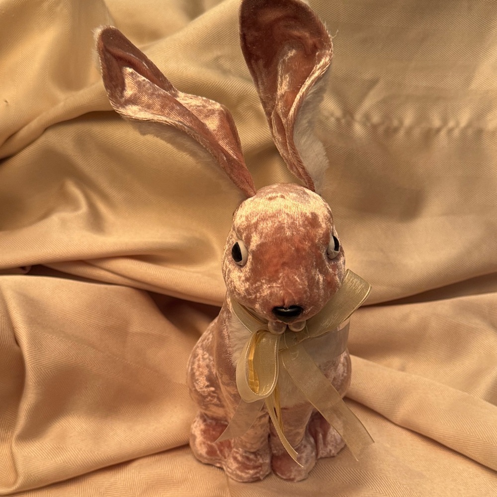 Easter Bunny Velvet Pink Figurine with Ribbon, light weight foam insert.
